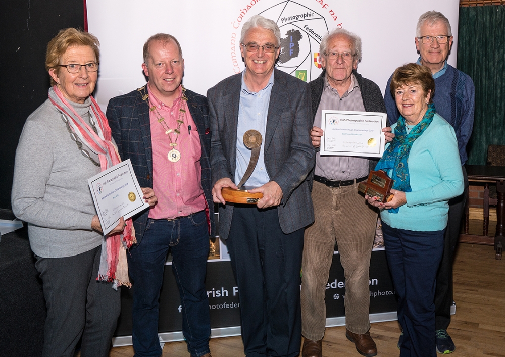 Dominic Reddin, President IPF, presenting Celbridge Camera Club members with the Best Sound Production & Best Club Trophies, October, 21st 2018 